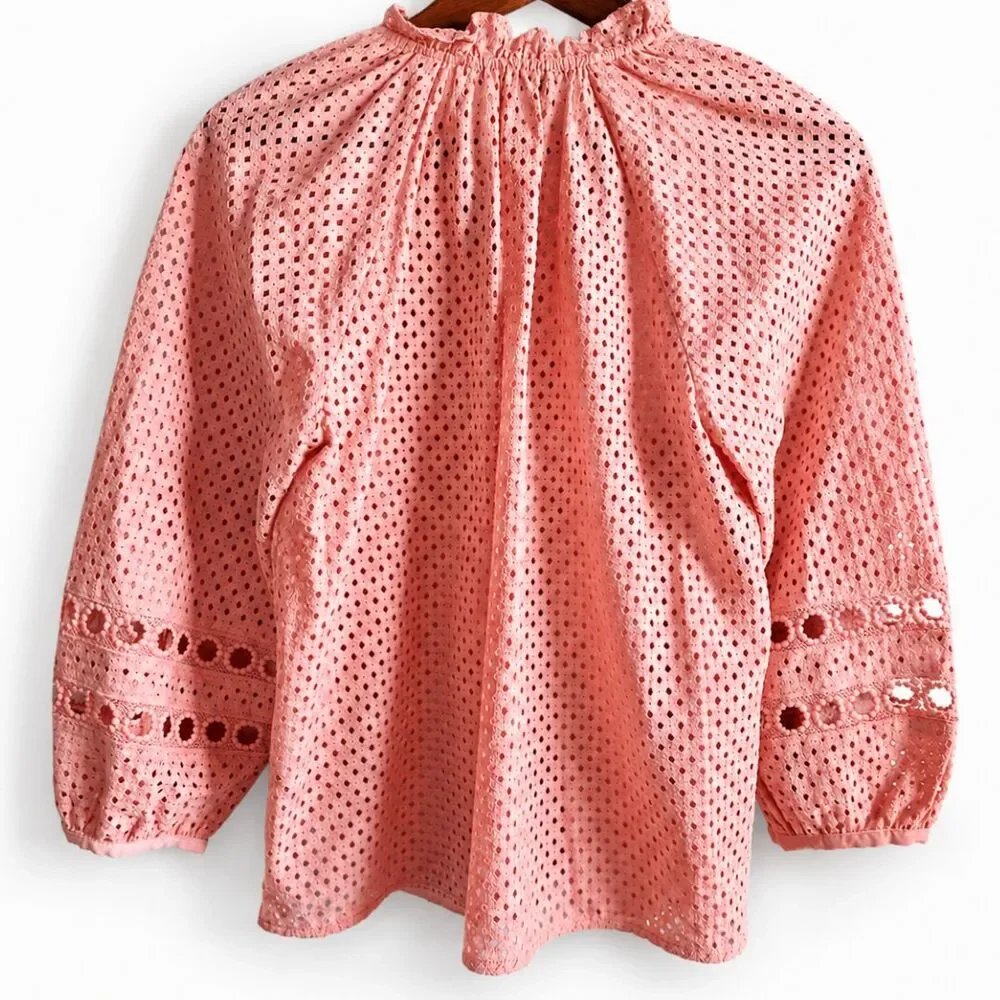 Banana Republic Eyelet Lace Blouse Medium Coral Pink Boho Ruffle Puff Sleeve